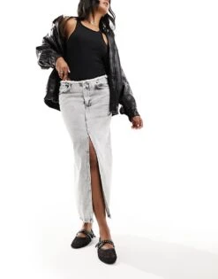 AllSaints Honor Maxi Denim Skirt In Acid Wash For Women Snow Grey