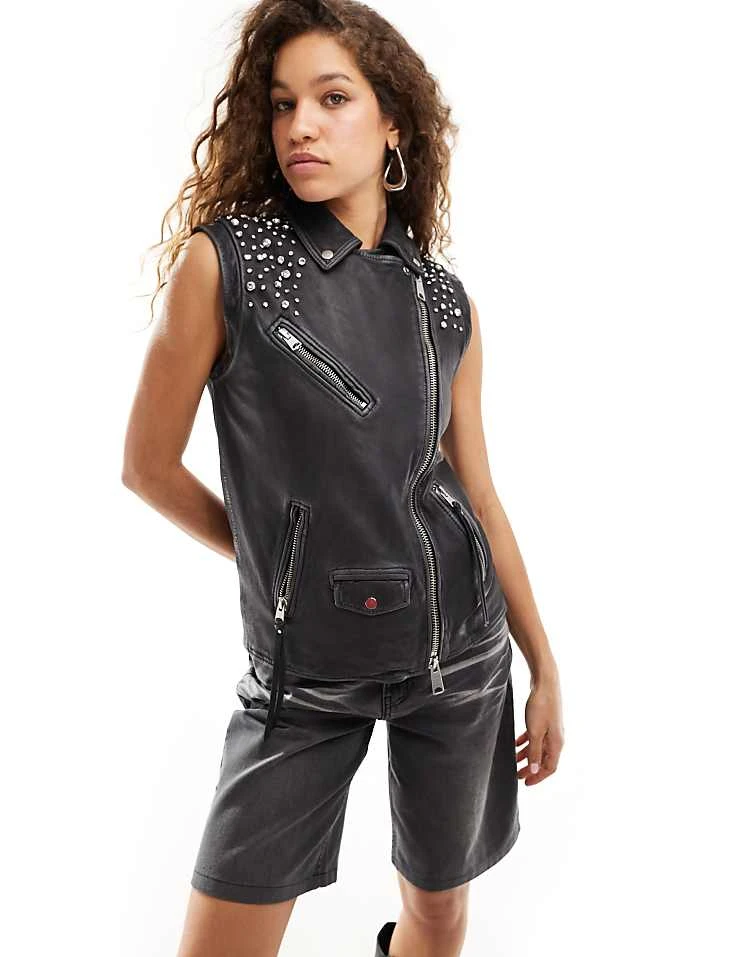 AllSaints Billie Embellished Leather Biker Gilet In Washed Black For Women Black/grey