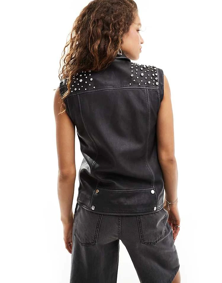AllSaints Billie Embellished Leather Biker Gilet In Washed Black For Women Black/grey - Image 4
