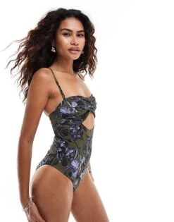 AllSaints Niki Shirred Bandeau Swimsuit In Black Floral For Women Batu Khaki Green