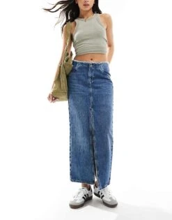AllSaints Cyra Double Split Denim Maxi Skirt In Mid Wash Blue For Women Mid Indigo