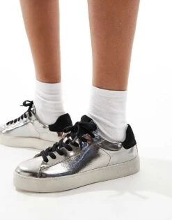 AllSaints Shana Metallic Leather Trainers In Silver For Women