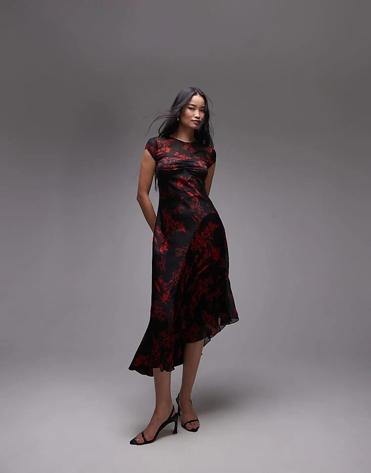 AllSaints Tasha Satin And Mesh Maxi Dress In Black Print For Women Maria Siren Red - Image 2