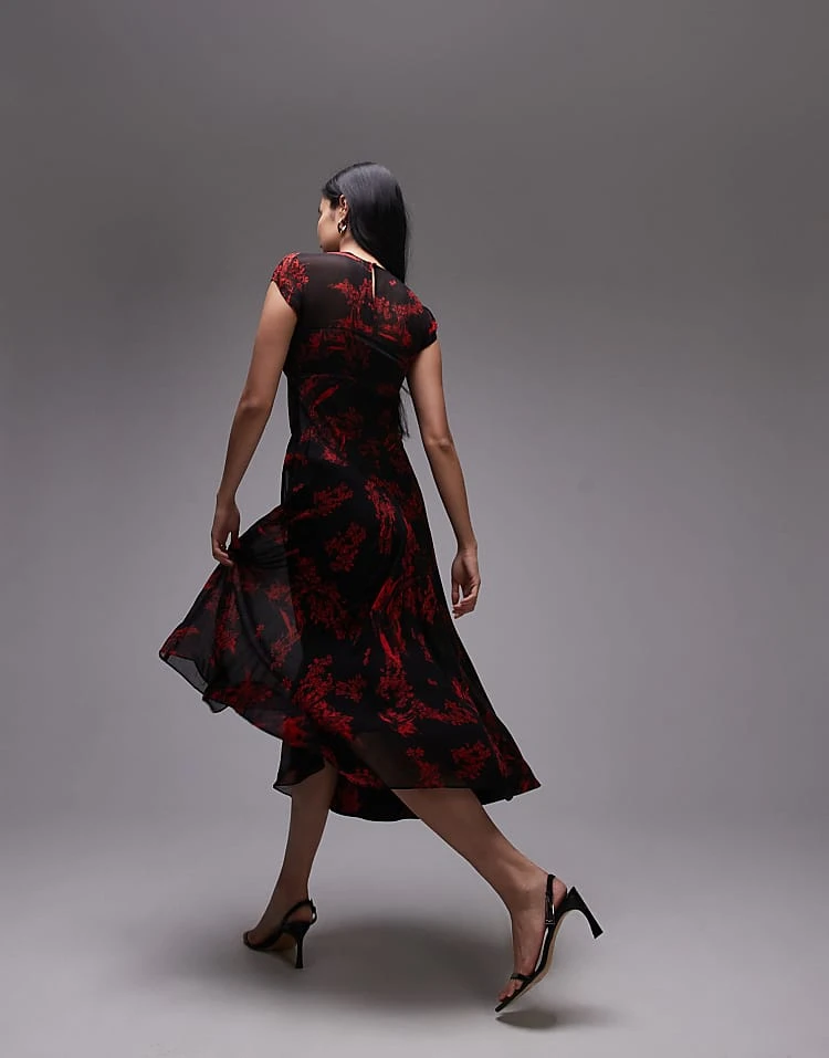 AllSaints Tasha Satin And Mesh Maxi Dress In Black Print For Women Maria Siren Red - Image 3