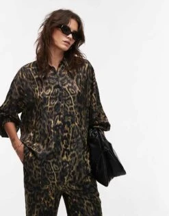 AllSaints Charli Satin Shirt Co-ord In Leopard Print For Women Jinx Golden Brown