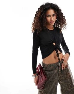 AllSaints Xylia Cut Out Tie Front Top In Black For Women