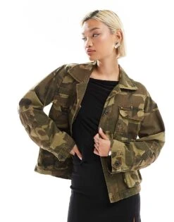 AllSaints Elm Camo Cargo Jacket In Khaki For Women Camo Green
