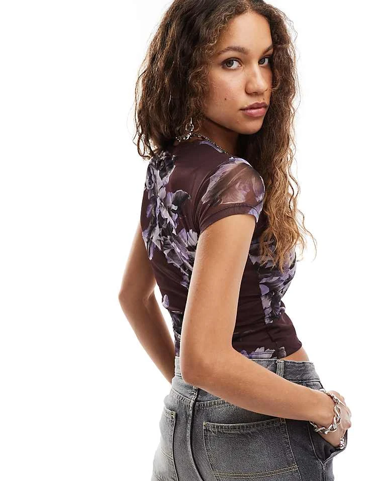 AllSaints Ellie Mesh T-shirt In Deep Red Print For Women Monica Oxblood Red - Image 3