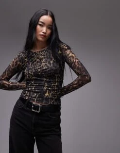 AllSaints Edana Mesh Long Sleeve T-shirt In Leopard Print For Women Jinx Golden Brown