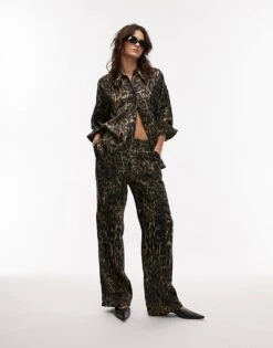 AllSaints Charli Satin Straight Trousers In Leopard Print Co-ord For Women Jinx Golden Brown