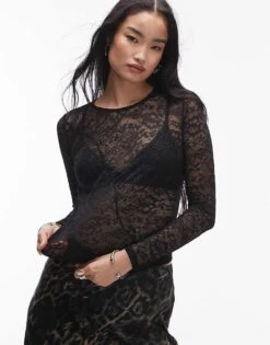 AllSaints Edana Lace Long Sleeve T-shirt In Black For Women