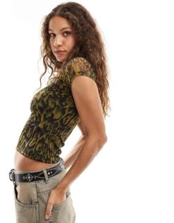 AllSaints Ellie Mesh T-shirt In Leopard For Women Teresa Khaki Green