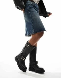 AllSaints Tay Leather Buckle Biker Boots In Black For Women Black/warm Brass