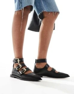 AllSaints Susan Buckle Leather Ballet Shoe In Black For Women Black/warm Brass