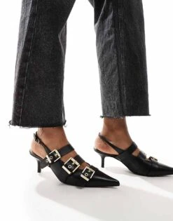 AllSaints Grace Buckle Sling Back Leather Kitten Heeled Shoe In Black For Women Black/warm Brass