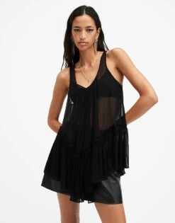 AllSaints Rach Semi Sheer Ruffle Top In Black For Women