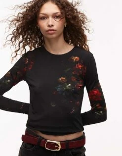 AllSaints Katlyn Long Sleeve Mesh Top In Black Floral For Women Mortem Black