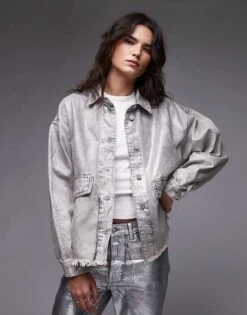 AllSaints Hettie Denim Shacket In Coated Silver For Women