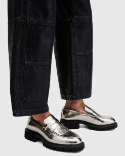 AllSaints Lola Leather Loafers In Gunmetal For Women Gunmetal Grey