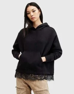 AllSaints Lee Lace Panelled Oversized Hoodie In Black For Women