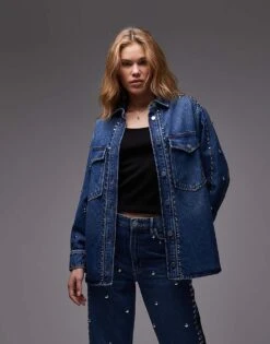 AllSaints Alba Stud Denim Shirt In Mid Indigo For Women
