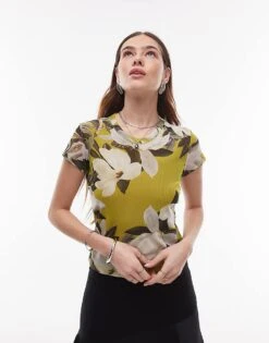 AllSaints Ellie Floral Print Mesh Tee In Revive Stem Green For Women